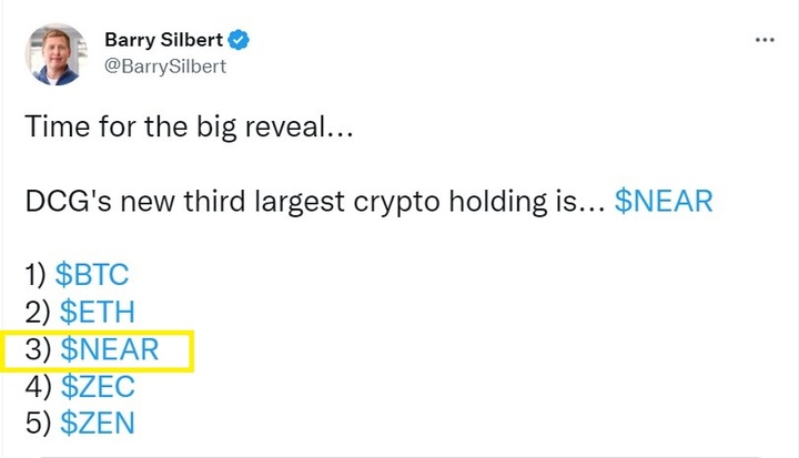 [서울=뉴시스] 베리 실버트 DCG 최고경영자(CEO)는 지난 4월 자신의 트위터를 통해 "이더리움 다음으로 니어프로토콜을 많이 보유하고 있다"고 발표했다. (사진=베리 실버트 트위터 캡처) 2023.01.05 *재판매 및 DB 금지