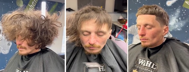 [서울=뉴시스] 이발사 비영리 단체 '임파워링 컷' 소속 조슈아 산티아고는 이동식 이발소를 타고 미 전역의 형편이 어려운 사람들에게 무료로 이발을 해 주고 있다. 사진은 조슈아가 지난 12월 이발을 해준 익명의 노숙자 (사진출처: 데일리미러 영상 캡처) 2023.01.09. *재판매 및 DB 금지