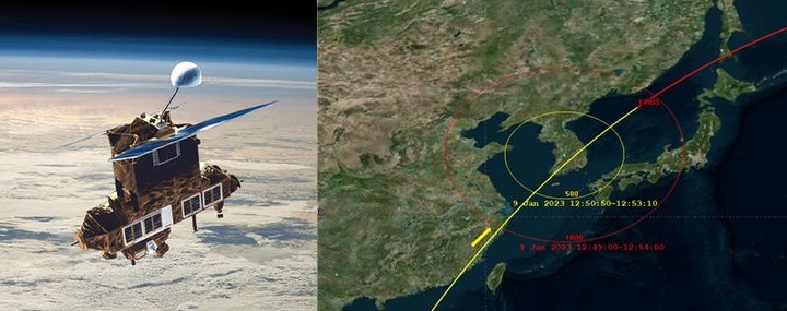 지난 1984년 10월 5일 발사된 미국의 지구관측위성 'ERBS'(왼쪽)와 미국 지구관측위성 ERBS의 추락 예상 범위 내 한반도 통과 예측 궤적. 대전 중심 반경 500㎞(노란색)와 1000㎞(붉은색) 범위. (사진=나사·과학기술정보통신부 제공) *재판매 및 DB 금지