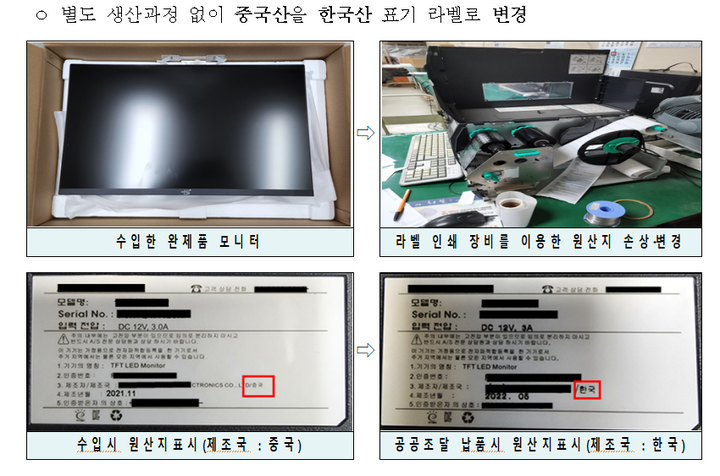 [서울=뉴시스] 홍찬선 기자 = 인천본부세관이 유관기관과 합동으로 지난해 원산지표시를 위반한 23개 업체를 적발했다고 12일 밝혔다. 사진은 중국산 모니터를 국산으로 속인 주요 적발사례. (사진=국토교통부 제공) 2023.01.12. photo@newsis.com *재판매 및 DB 금지