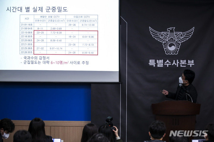 [서울=뉴시스] 정병혁 기자 = 김준영 금오공과대학교 교수가 13일 오전 서울 마포구 서울경찰청 이태원 사고 특별수사본부 브리핑실에서 열린 특수본 수사 결과 발표 브리핑에서 인구밀집도 변화에 따른 압사 사고 위험성에 대한 설명을 하고 있다. 2023.01.13. jhope@newsis.com