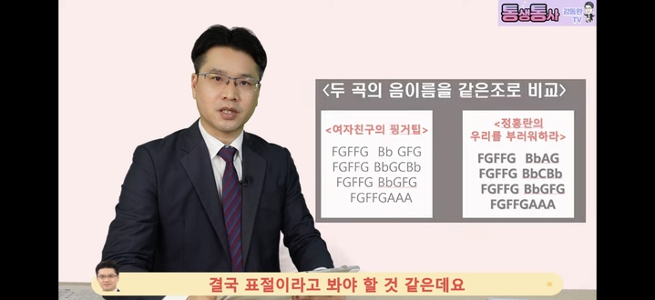 [서울=뉴시스] 강 교수가 정홍란 '우리를 부러워하라'와 여자친구의 '핑거팁'의 음이름을 비교하고 있다. 2023.01.17. (사진 = 강 교수 유튜브 채널 캡처) photo@newsis.com *재판매 및 DB 금지