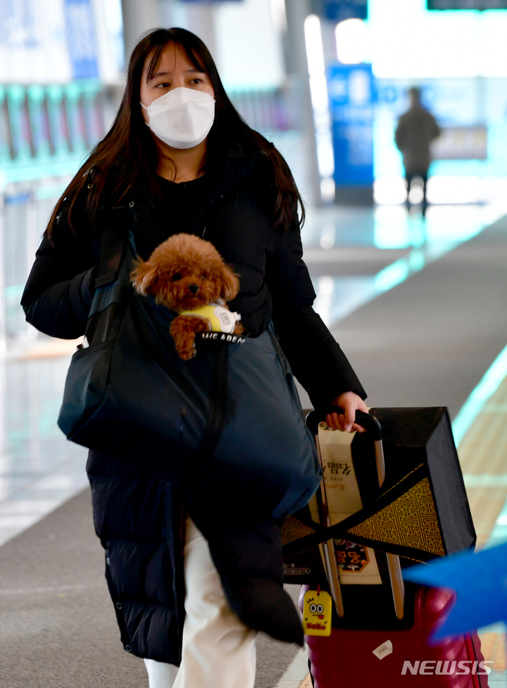 [광주=뉴시스] 이영주 기자 = 설 연휴를 하루 앞둔 20일 오전 광주 광산구 광주송정역에서 한 시민이 강아지와 함께 귀성하고 있다. 2023.01.20. leeyj2578@newsis.com