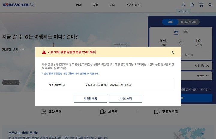 대한항공 결항 안내문. *재판매 및 DB 금지