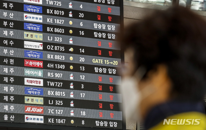 [서울=뉴시스] 정병혁 기자 = 제주지역에 대설 및 강풍특보가 내려진 24일 오후 서울 강서구 김포국제공항 국내선 전광판에 제주행 항공편 결항 표시가 나오고 있다. 제주공항은 이날 운항 예정이던 출·도착 항공편 476편 모두를 결항하기로 결정했다. 2023.01.24. jhope@newsis.com