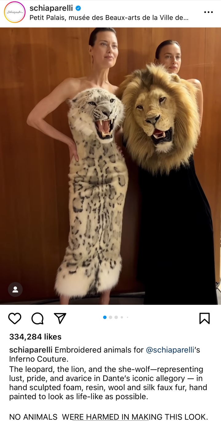 [서울=뉴시스] 프랑스 파리에서 열린 스키아파렐리 패션쇼에서 '동물 머리' 드레스를 입고 런웨이에 선 세계적인 톱모델 이리나 샤크는 드레스 관련 논란이 발생하자 브랜드 입장을 옹호했다고 24일(현지시간) 피플이 보도했다. <출처 : 스키아파렐리 인스타그램 캡처> 2023.01.25. *재판매 및 DB 금지