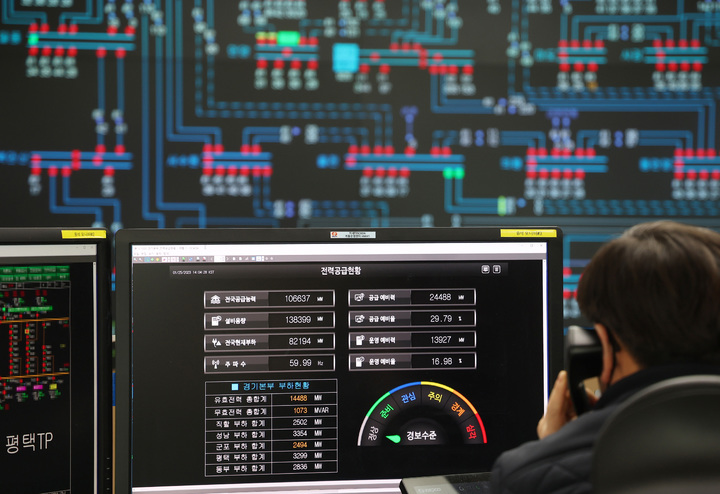 [수원=뉴시스] 김종택 기자 = 전국적으로 한파가 이어지고 있는 25일 경기도 수원시 영통구 한국전력공사 경기지역본부 전력관리처 계통운영센터에서 관계자들이 전력수급현황을 점검하고 있다. 2023.01.25. jtk@newsis.com