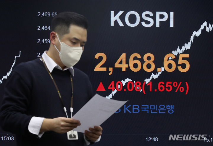 [서울=뉴시스] 전진환 기자 = 코스피가 전 거래일 대비 40.08p(1.65%) 오른 2468.65로 마감한 26일 오후 서울 여의도 KB국민은행 딜링룸 전광판에 지수가 표시되고 있다.&nbsp; 2023.01.26. amin2@newsis.com