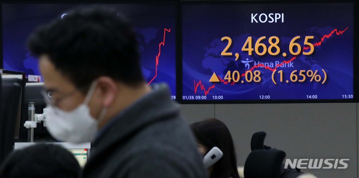 [서울=뉴시스] 김선웅 기자 = 26일 코스피가 전 거래일(2428.57)보다 40.08포인트(1.65%) 상승한 2468.65에 마감했다. 26일 서울 중구 하나은행 딜링룸에서 딜러들이 업무를 보고 있다. 2023.01.26. mangusta@newsis.com