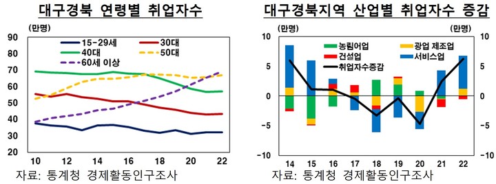 [대구=뉴시스] 대구경북 연령별 취업자 수, 대구경북지역 산업별 취업자수 증감. (그래픽 = 한국은행 대구경북본부 제공) 2023.01.30. photo@newsis.com *재판매 및 DB 금지