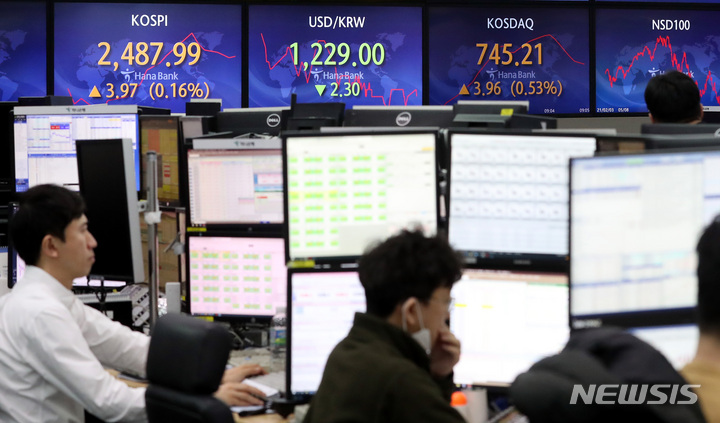 [서울=뉴시스] 조성봉 기자 = 코스피가 전 거래일보다 0.62포인트(0.02%) 오른 2484.64에 개장한 30일 오전 서울 중구 하나은행 딜링룸에서 딜러들이 업무를 보고 있다. 코스닥지수는 전 거래일보다2.48포인트(0.33%) 상승한 743.73에, 원·달러 환율은 전 거래일보다 1.4원 내린1229.9원에 출발했다. 2023.01.30. suncho21@newsis.com