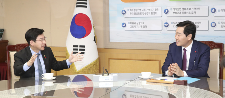 [전주=뉴시스] 31일 전북을 방문한 최상대 기획재정부 제2차관(왼쪽)이 전북도청 회의실에서 김관영 지사와 전북현안에 대해 간담회를 갖고 있다. 2023.01.31&nbsp; *재판매 및 DB 금지