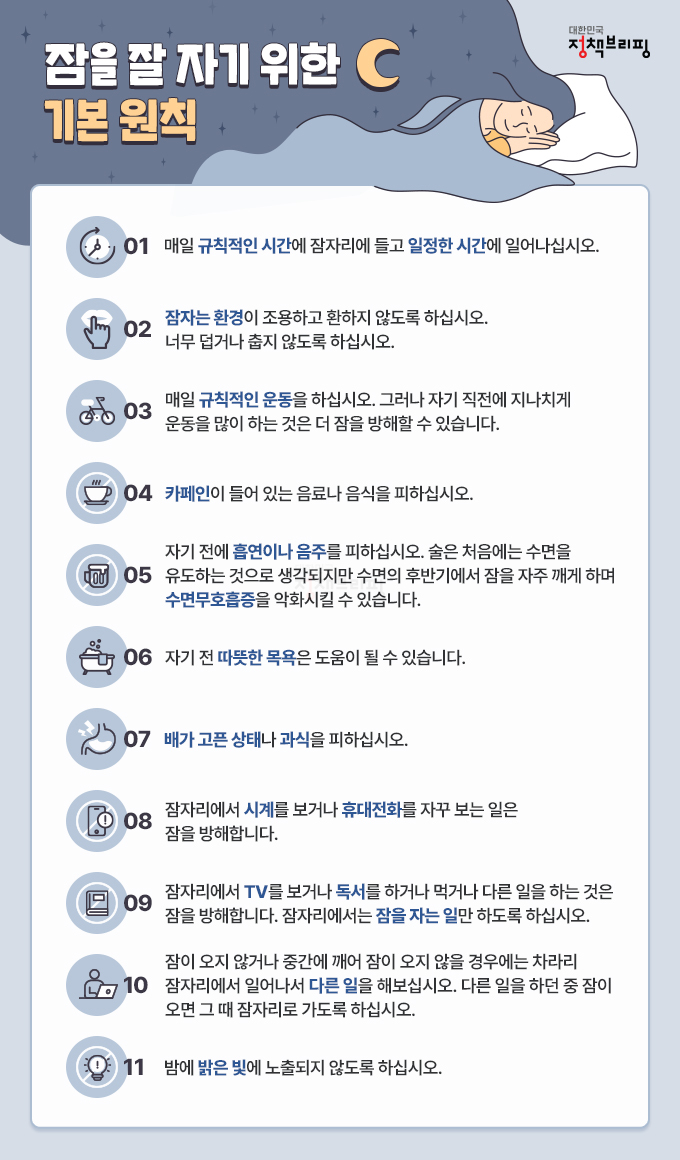 [서울=뉴시스] 겨울에는 건조한 환경, 일조량 부족 등으로 여름보다 불면증 환자가 늘어난다. 사진은 대한수면연구학회가 권고하는 잠을 잘자기 위한 원칙. (사진=대한민국 정책브리핑 제공) *재판매 및 DB 금지