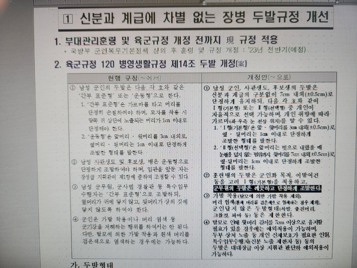 [서울=뉴시스] 31일 군 관련 페이스북(SNS) 커뮤니티인 '육군훈련소 대신 전해드립니다(육대전)'에 게시된 글에 따르면 '신분과 계급에 차별 없는 장병 두발개정 개선' 문서에 육군의 두발규정 개선안에 대한 내용이 담겼다. (사진=육대전 캡쳐) 2023.01.31. photo@newsis.com&nbsp;&nbsp; *재판매 및 DB 금지
