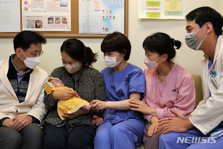 [서울=뉴시스]삼성서울병원은 최근 몸무게 1.1kg인 아기를 대상으로 동맥관개존증 비수술적 폐쇄술에 성공해 국내에서 이 분야 최소 체중 시술 기록을 경신했다고 밝혔다. 윤슬이의 퇴원을 앞두고 의료진들이 축하해 주고 있다. 왼쪽부터 송진영 삼성서울병원 소아청소년과 교수, 윤슬이를 안고 있는 엄마 김노을씨. (사진= 삼성서울병원 제공) 2023.02.01