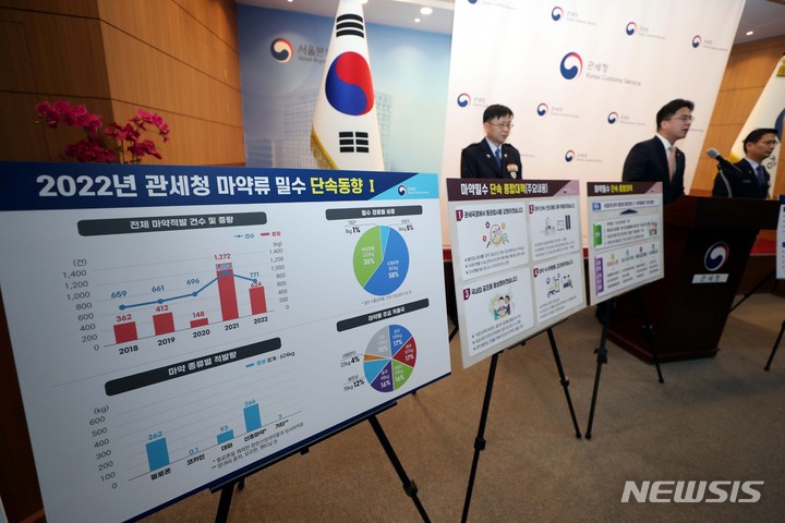 [서울=뉴시스] 조성봉 기자 = 윤태식(가운데) 관세청장이 2일 오후 서울 강남구 서울세관에서 열린 관세청 2022년 마약밀수 단속 결과 및 2023년 마약밀수 단속 대책 언론브리핑에서 밀수단속 종합대책과 밀수동향을 발표하고 있다. 2023.02.02. suncho21@newsis.com