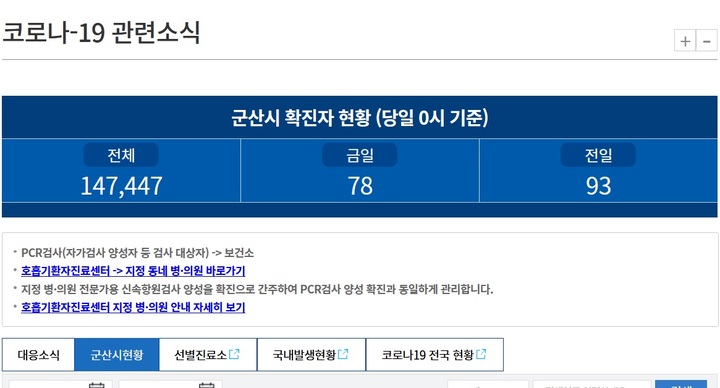 군산시 홈페이지 확진자 통계 웹사이트 캡처 *재판매 및 DB 금지