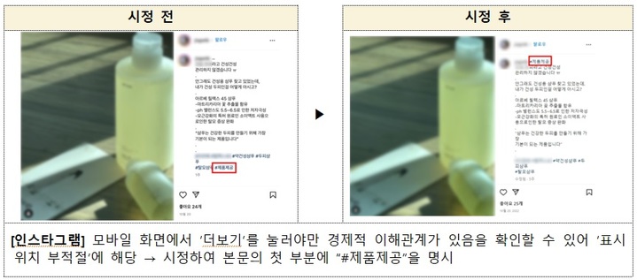 [세종=뉴시스] 인스타그램에서 표시위치가 부적절해 적발됐으나 자진시정한 예시.(사진=공정거래위원회 제공) *재판매 및 DB 금지