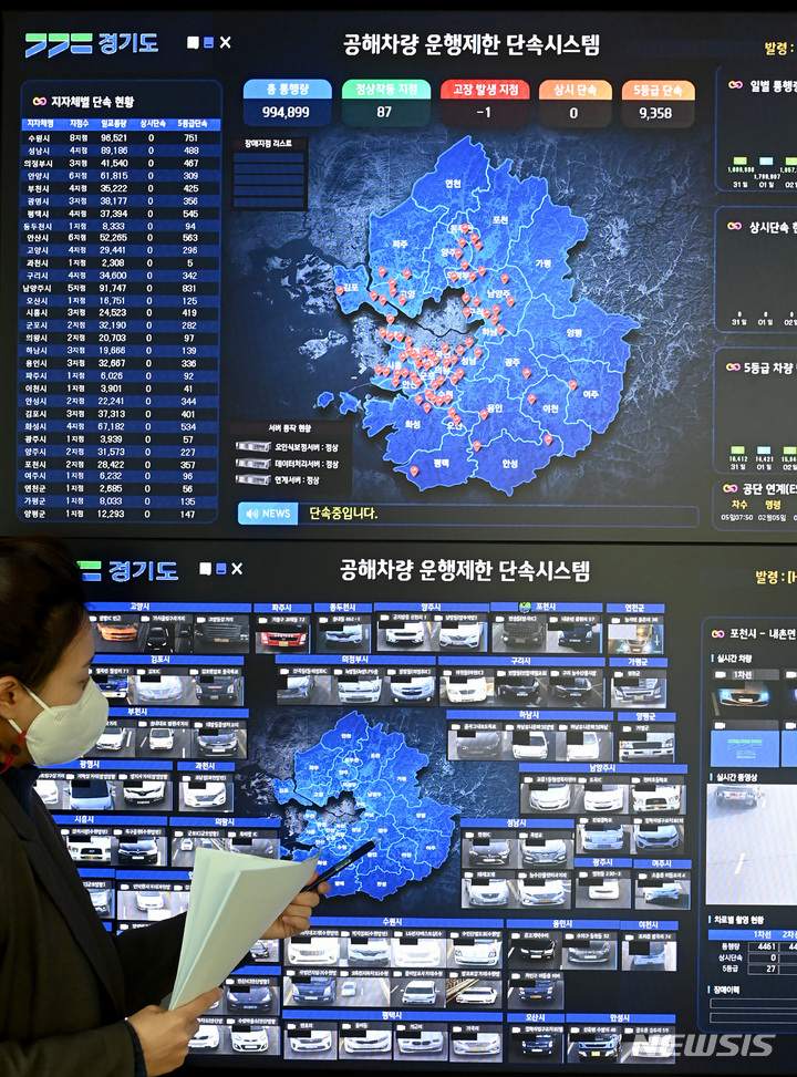 [수원=뉴시스] 김종택 기자 = 수도권 지역에 미세먼지 예비저감조치가 시행된 6일 경기도 수원시 영통구 경기도청 미세먼지대책과에서 관계자가 공해차량 운행제한 단속시스템 현황을 살펴보고 있다. 2023.02.06. jtk@newsis.com