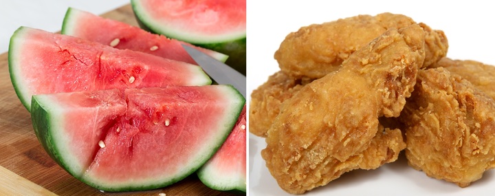 [서울=뉴시스] 뉴욕 나이액 중학교 학생들이 2월 1일에 제공받은 급식인 '수박'과 '프라이드치킨', 나이액 중학교 학생과 학부모들은 '인종차별적 메뉴'라며 반발했다. 해당 중학교와 식품단체는 공식으로 사과 의사를 밝혔다 2023.0.2.07. *재판매 및 DB 금지