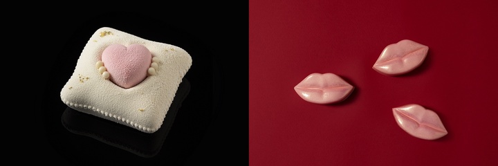 [서울=뉴시스] 시그니엘 서울의 미니 케이크 '밸런타인 필로우'(왼쪽)과 시그니엘 부산의 미니 케이크 '스위트 키스'.(사진출처: 롯데호텔 제공) 2023.02.07.