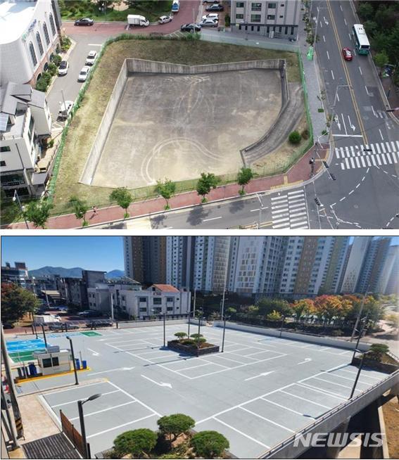 [진주=뉴시스] 홍정명 기자= 경남 진주시의 초전 우수저류시설 상부 활용 공영주차장 조성 전(사진 위)과 후 모습. 부지 매입 문제를 해결해 추진한 모범사례로 꼽힌다.(사진=경남도 제공)2023.02.09. photo@newsis.com