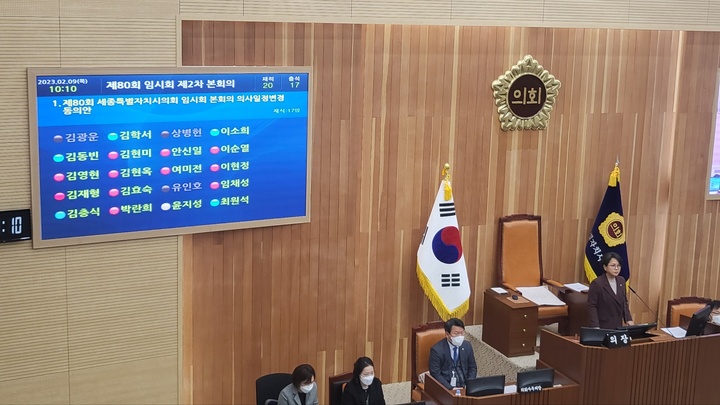 [세종=뉴시스] 세종시의회 제80회 제2차 본회의 ‘의사일정변경동의안' 투표 결과. 2023.02.09. ssong1007@newsis.com *재판매 및 DB 금지