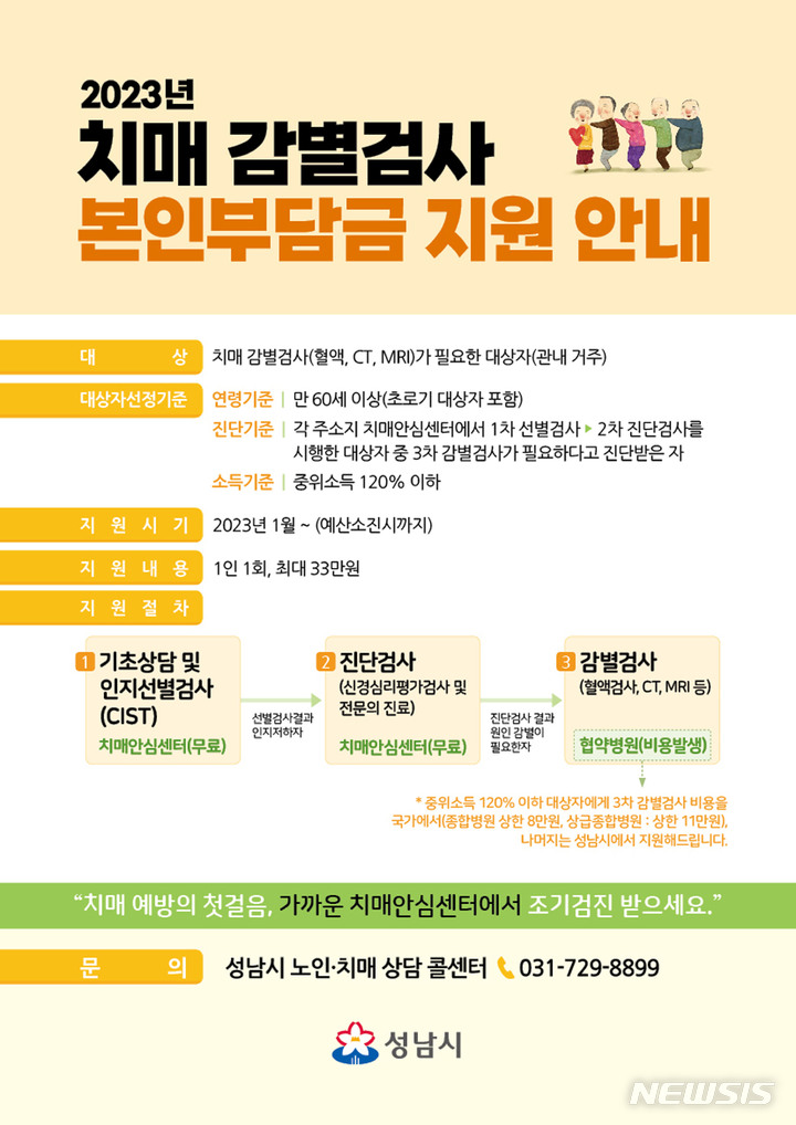 [성남=뉴시스] 성남시 치매 감별검사 본인부담금 지원 안내포스터