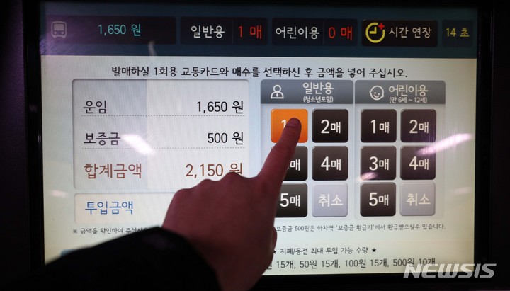 [서울=뉴시스] 김선웅 기자 = 서울 대중교통비가 4월 인상될 것으로 전망된다. 서울시는 지하철, 시내버스 등 대중교통 요금을 300~400원 인상하는 방안을 마련했다고 밝혔다. 12일 서울의 한 지하철역에서 한 시민이 승차권을 구매고 있다. 2023.02.12. mangusta@newsis.com