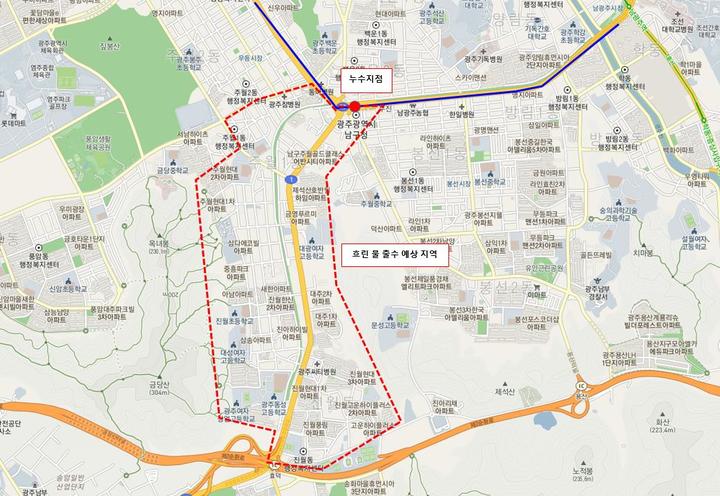 [광주=뉴시스] 상수도관 파손에 따른 흐린물 예상지역. (지도 = 광주시 상수도사업본부 제공) *재판매 및 DB 금지