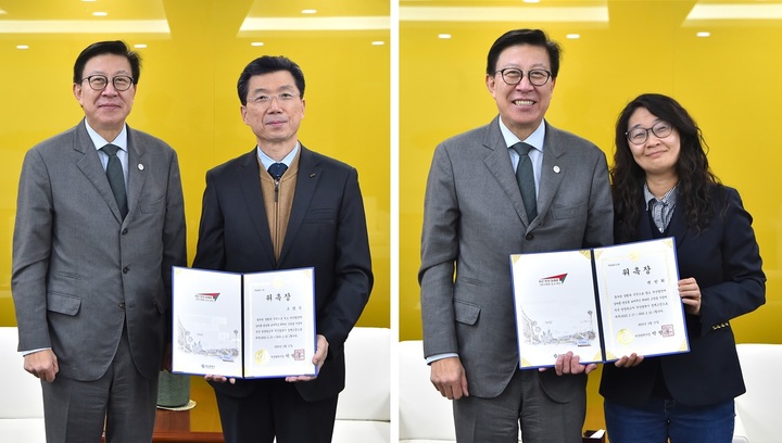 [부산=뉴시스] 박형준 부산시장이 17일 오후 시청 7층 의전실에서 (왼쪽부터)조광식 한국투자공사 감사와 백한희 IBM 왓슨연구소 연구위원을 투자유치 분야 정책고문으로 위촉했다.(사진=부산시 제공) *재판매 및 DB 금지