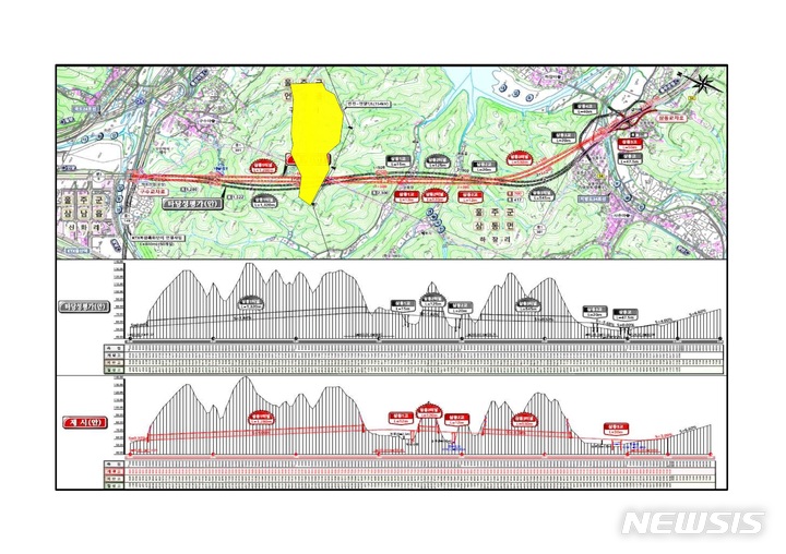[서울=뉴시스] 김기현 국민의힘 당대표 후보 소유 부동산 의혹 관련 노선도와 종단면도. 노선도 노란색 표시선이 김 후보가 소유하고 있는 임야. (사진=김기현 후보 캠프 제공) 2023.02.22 photo@newsis.com
