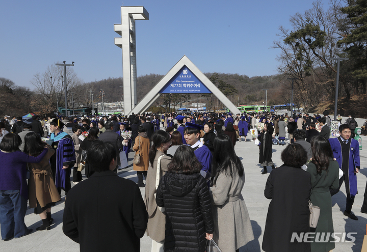 [서울=뉴시스] 최진석 기자 = 서울대학교 졸업생들이 24일 서울 관악구 서울대학교 정문 앞에서 2023년 서울대학교 제77회 학위수여식을 앞두고 가족과 기념촬영을 하고 있다. 2023.02.24. myjs@newsis.com