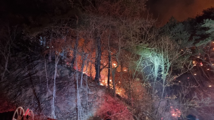 [안동=뉴시스] 27일 오후 6시42분께 경북 안동시 임동면 망천리 입구 야산에서 불이 났다. (사진=경북소방본부 제공) 2023.02.27. photo@newsis.com *재판매 및 DB 금지