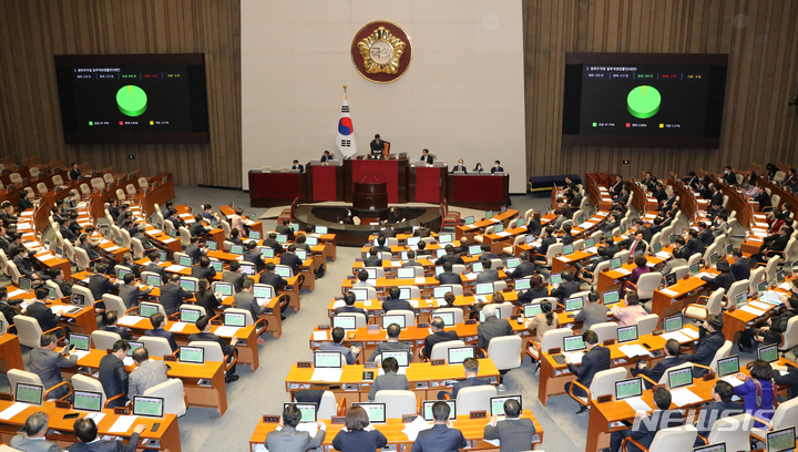 [서울=뉴시스] 고범준 기자 = 27일 오후 서울 여의도 국회 본회의장에서 열린 제403회국회(임시회) 제8차 본회의에서 정부조직법 일부개정법률안(대안)이 찬성 266인 반대 0인 기권 6인으로 가결되고 있다. 2023.02.27. bjko@newsis.com