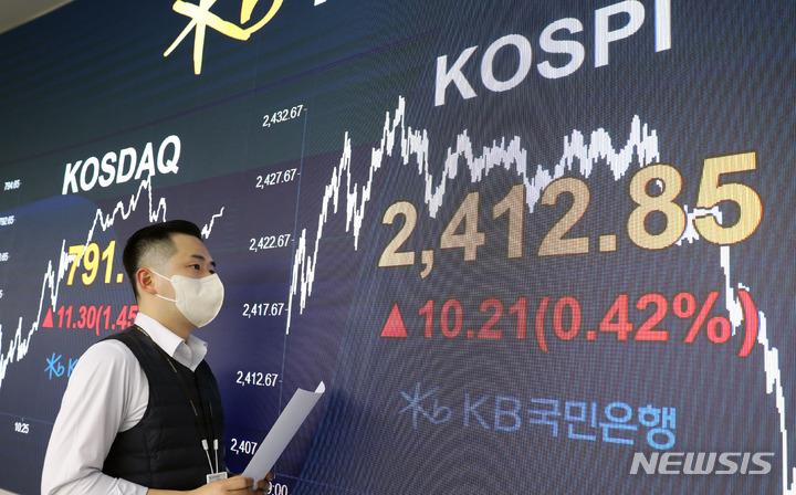 [서울=뉴시스] 전진환 기자 = 코스피가 전 거래일 대비 10.21p(0.42%) 오른 2412.85에 마감한 28일 오후 서울 여의도 KB국민은행 딜링룸 전광판에 지수가 표시되고 있다. 코스닥 지수는 전 거래일 대비 11.30p(1.45%) 상승한 791.60에, 원 달러 환율은 전 거래일 대비 0.4원 내린 1322.6원에 거래를 마쳤다. 2023.02.28. amin2@newsis.com