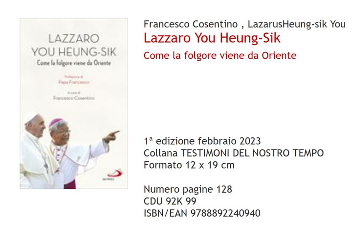 [서울=뉴시스] 책 '유흥식 라자로 – 동쪽에서 온 번개'(원문: Lazzaro You Heung-Sik: Come la folgore viene da Oriente)' (사진 출처=산파올로 출판사 웹사이트) 2023.03.02. photo@newsis.com *재판매 및 DB 금지