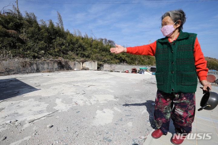 [울진=뉴시스] 백동현 기자 = 지난 2일 경북 울진군 신화2리에서 김분남 할머니가 화마로 잃은 옛 집터를 살펴보고 있다. 2023.03.04. livertrent@newsis.com