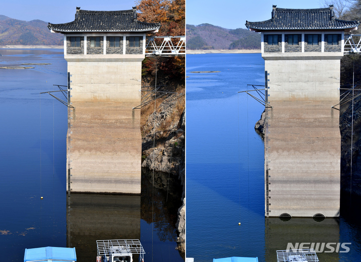 [화순=뉴시스] 이영주 기자 = 3일 오전 전남 화순군 이서면 동복댐에 설치된 제1취수탑이 취수구 일부를 드러내고 있다(사진 오른쪽). 지난해 11월 당시(사진 왼쪽)보다 수면 높이가 약 3.5m 낮아져 현재 152~3m 사이를 기록하고 있다. 광주 시민의 주요 식수원인 동복호를 가두고 있는 동복댐의 저수율은 이날 기준 20.96%를 기록하면서 연일 감소하고 있다. 현 추세대로라면 동복호는 오는 5월 고갈될 위기다. 2023.03.03. leeyj2578@newsis.com