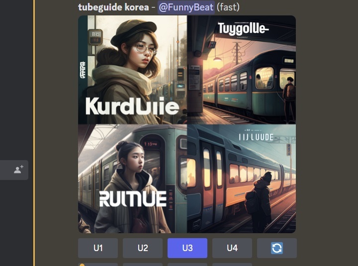 이미지 생성 인공지능(AI) 프로그램 미드저니(Midjourney)에 '튜브가이드 코리아(TubeGuide Korea'라는 프롬프트(지시 메시지)를 입력해 만든 이미지. 여성과 전철의 모습을 담은 그림이 주로 생성됐다.(출처 : 미드저니) 2023.3.9 *재판매 및 DB 금지