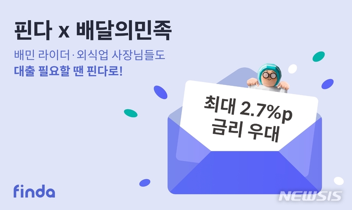 [서울=뉴시스] 핀테크 기업 핀다가 배달의민족 운영사인 우아한형제들과 손잡고 배민 라이더와 외식업 사장님을 위한 배민 전용 우대금리 혜택을 제공한다고 10일 밝혔다. (사진=핀다 제공) 2023.03.10. photo@newsis.com