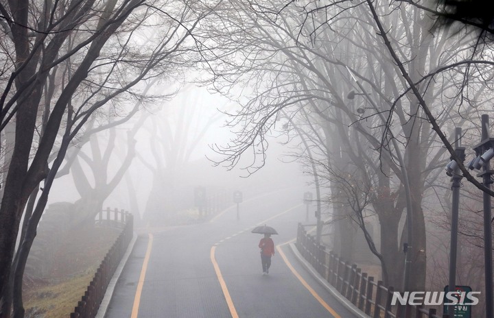 [서울=뉴시스] 조성봉  기자 = 비가 내리는 12일 오전 서울 용산구 남산에서 시민이 우산을 쓰고 산책을 하고 있다. 2023.03.12. suncho21@newsis.com