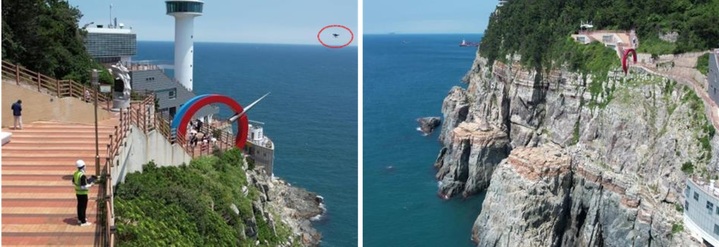 [부산=뉴시스] 부산 영도등대와 주변(암벽) 안전 점검 중인 해양드론(빨간 실선)의 모습(왼쪽). 오른쪽은해양드론이 찍은 영도 등대와 암벽 전경 (사진=부산해수청 제공) *재판매 및 DB 금지