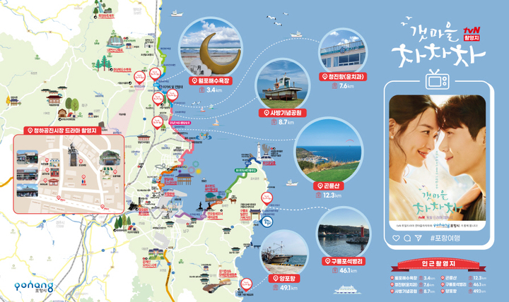 [포항=뉴시스] 강진구 기자 = 경북 포항시는 최근 K-드라마가 인기를 끌면서 포항이 한류 관광지로 급부상하고 있다고 13일 밝혔다.사진은 ‘갯마을차차차’가 촬영된 포항 지역 주요 관광지 지도.(사진=포항시 제공) 2023.03.13.photo@newsis.com *재판매 및 DB 금지