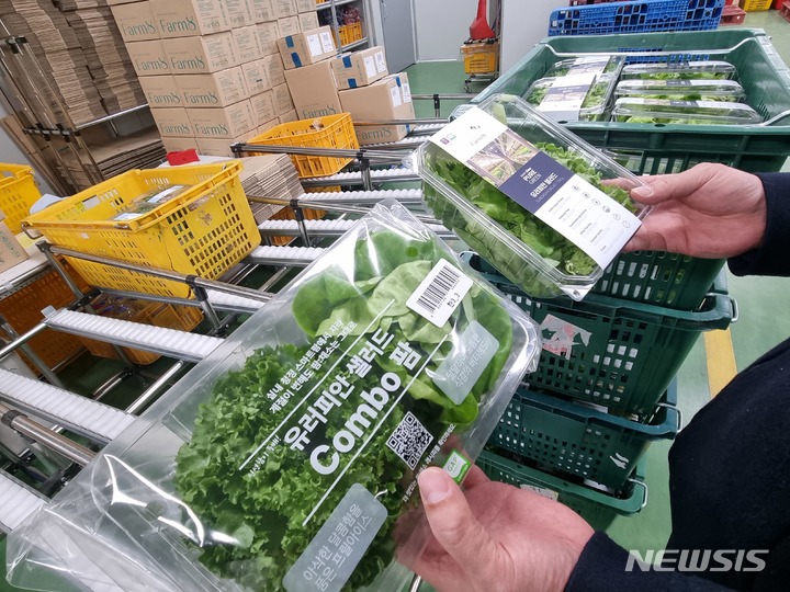 [평택=뉴시스] 임하은 기자 = 스마트팜 기업인 플랜티팜의 평택 공장에서 직원이 재배 후 가공, 포장을 거친 샐러드를 들고 있다. 2023.03.14. rainy71@newsis.com