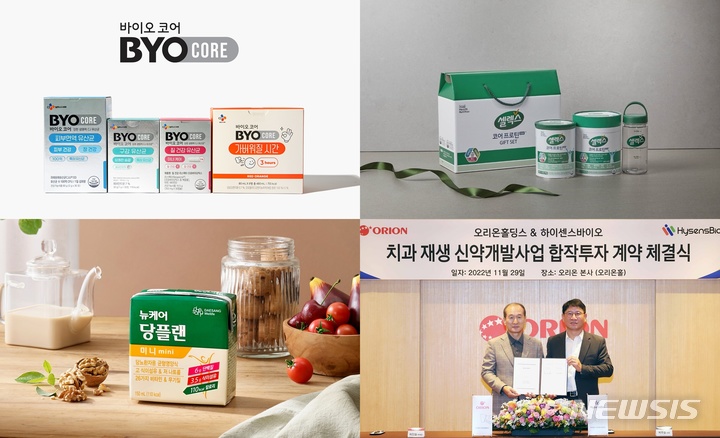 [서울=뉴시스]왼쪽 상단부터 시계방향으로 CJ웰케어가 선보인 바이오코어 브랜드 제품, 매일유업의 자회사 매일헬스뉴트리션에서 생산하는 셀렉스, 오리온이 하이센트바이오와 합작 투자를 계약하는 모습. 대상그룹의 자회사 대상웰라이프에서 생산하는 뉴케어당플랜 제품의 모습.(사진=각사 제공)