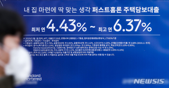 [서울=뉴시스] 정병혁 기자 = 16일 오전 서울시내 한 시중은행에 설치된 주택담보대출 관련 현수막 앞에서 시민들이 이동하고 있다. 2월 신규취급액기준 코픽스는 3.53%로 전월 대비 0.29%포인트(p) 하락했다. 지난해 11월 4.34% 이후 3개월 연속 내려갔다. 코픽스란 국내 8개 은행(국민·신한·하나·우리·농협·SC제일·씨티·기업)이 조달한 자금의 가중평균금리로 은행이 실제 취급한 예·적금, 은행채 등 수신상품 금리가 인상 또는 인하될 때 이를 반영해 상승 또는 하락한다. 2023.03.16. jhope@newsis.com