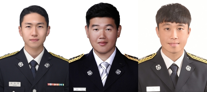 왼쪽부터 송창훈 소방사(소라119안전센터), 정현균 소방교(119구조대), 남승민 소방사(학동119안전센터). 여수소방 제공 *재판매 및 DB 금지