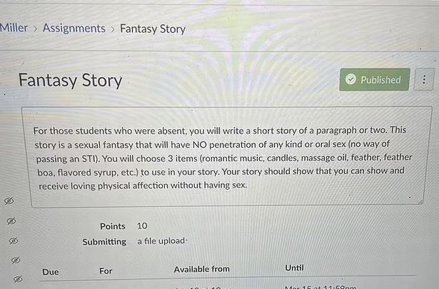 [서울=뉴시스] 오리건주 처칠 고등학교 소속 교사 커크 밀러가 최근 온라인 과제 시스템을 통해 학생들에게 낸 과제, '성관계를 맺지 않고 육체적 사랑을 나눌 수 있다는 것'을 증명하기를 요구하고 있다 (사진출처: 페이스북 갈무리) 2023.03.20. *재판매 및 DB 금지