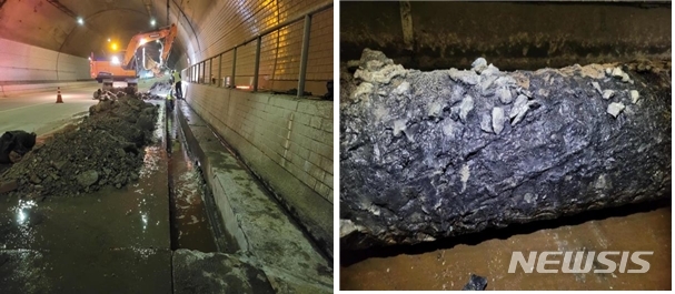 [인천=뉴시스] 인천북항 터널 배수시설 중 포장 하단부의 배수 기능을 담당하는 유공관(부직포)이 폐색한 모습. (사진=허종식 의원실 제공) 